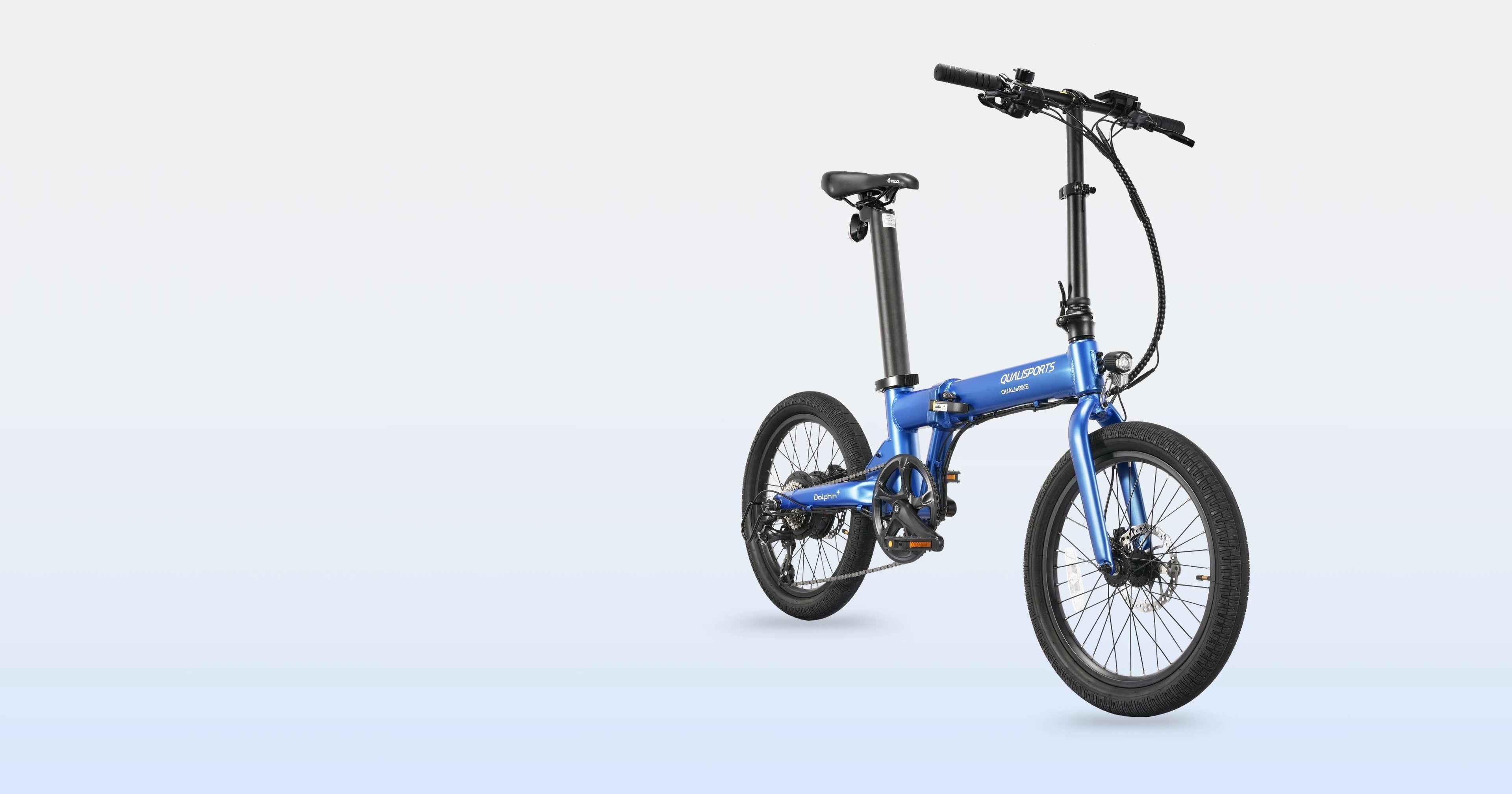 qualisports dolphin plus Blue folding electric bike on a light gray background