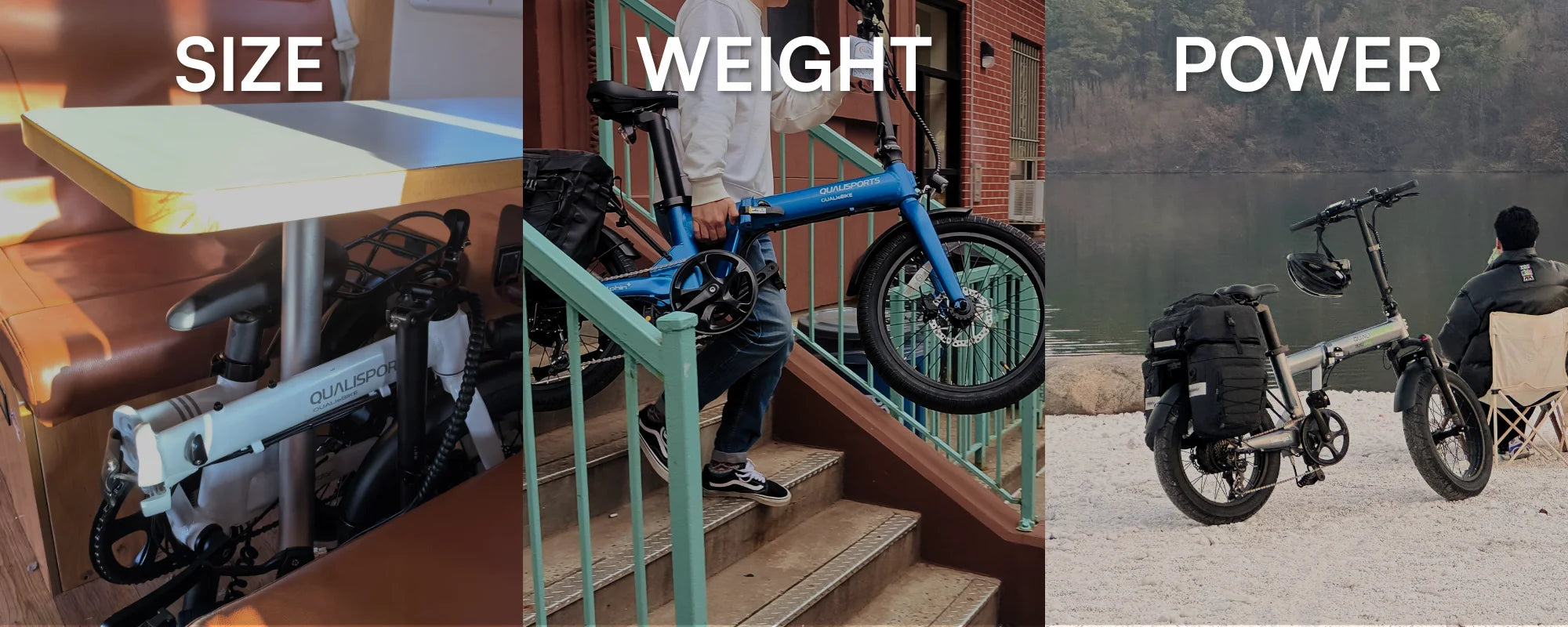 Three different views of a qualisports lightweight electric bike with labels for size, weight, and power.