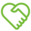 Green icon of a handshake within a heart shape on a white background