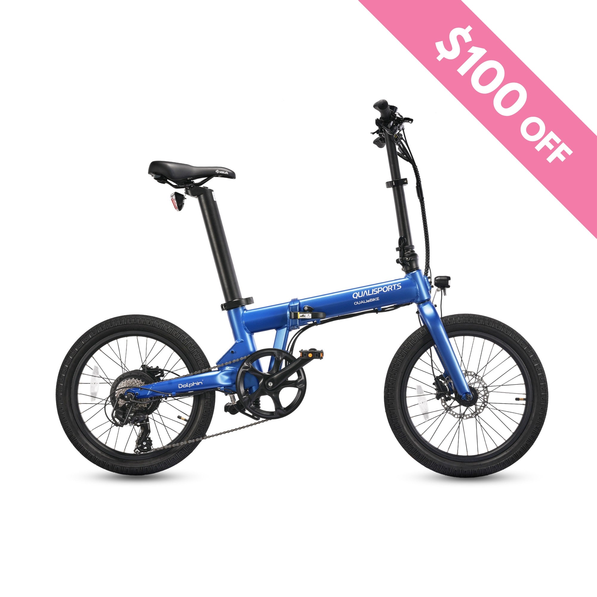 A blue folding DOLPHIN STD/PLUS electric bike with black tires is displayed on a white background. A pink diagonal banner in the top right corner reads "$100 OFF" in white text. The e-bike, branded "Qualisports USA," features a powerful 500w motor for a long-range ride.
