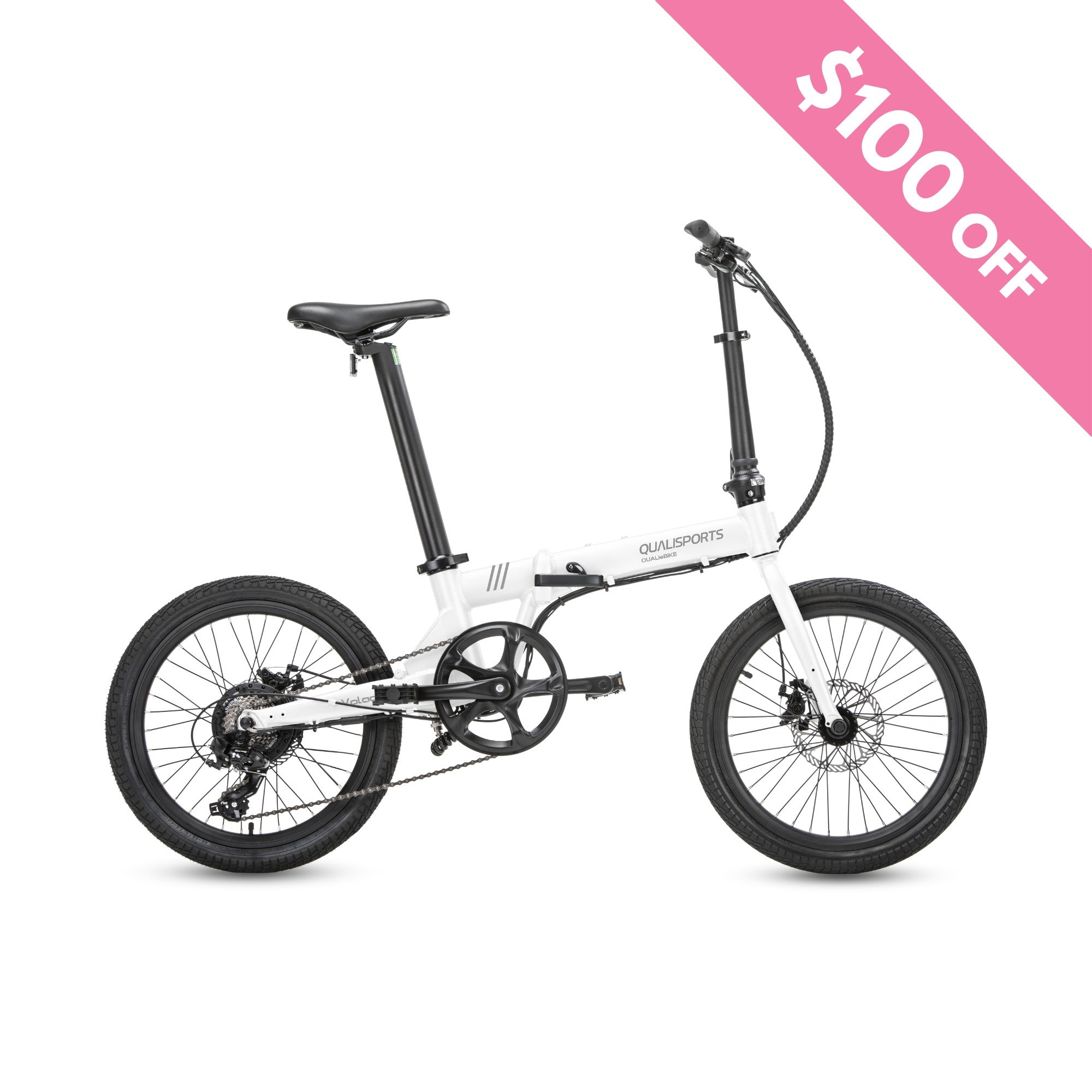 A white folding bicycle with black tires and seat, featuring a crossbar marked with the brand name "Qualisports USA." A pink banner in the top right corner displays "$100 OFF" in white text. Mid-June ETA for delivery. Product Name: VOLADOR PRE-ORDER