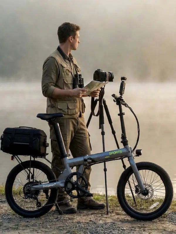Man with a camera and binoculars next to a portable folding electric bike by a misty lake.