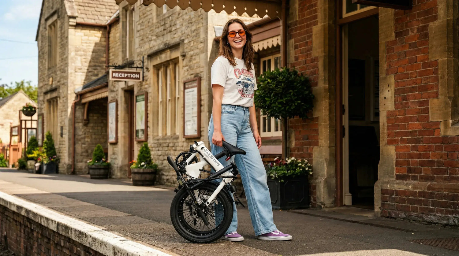 Woman holding a small compact electric bike on a street with buildings in the background