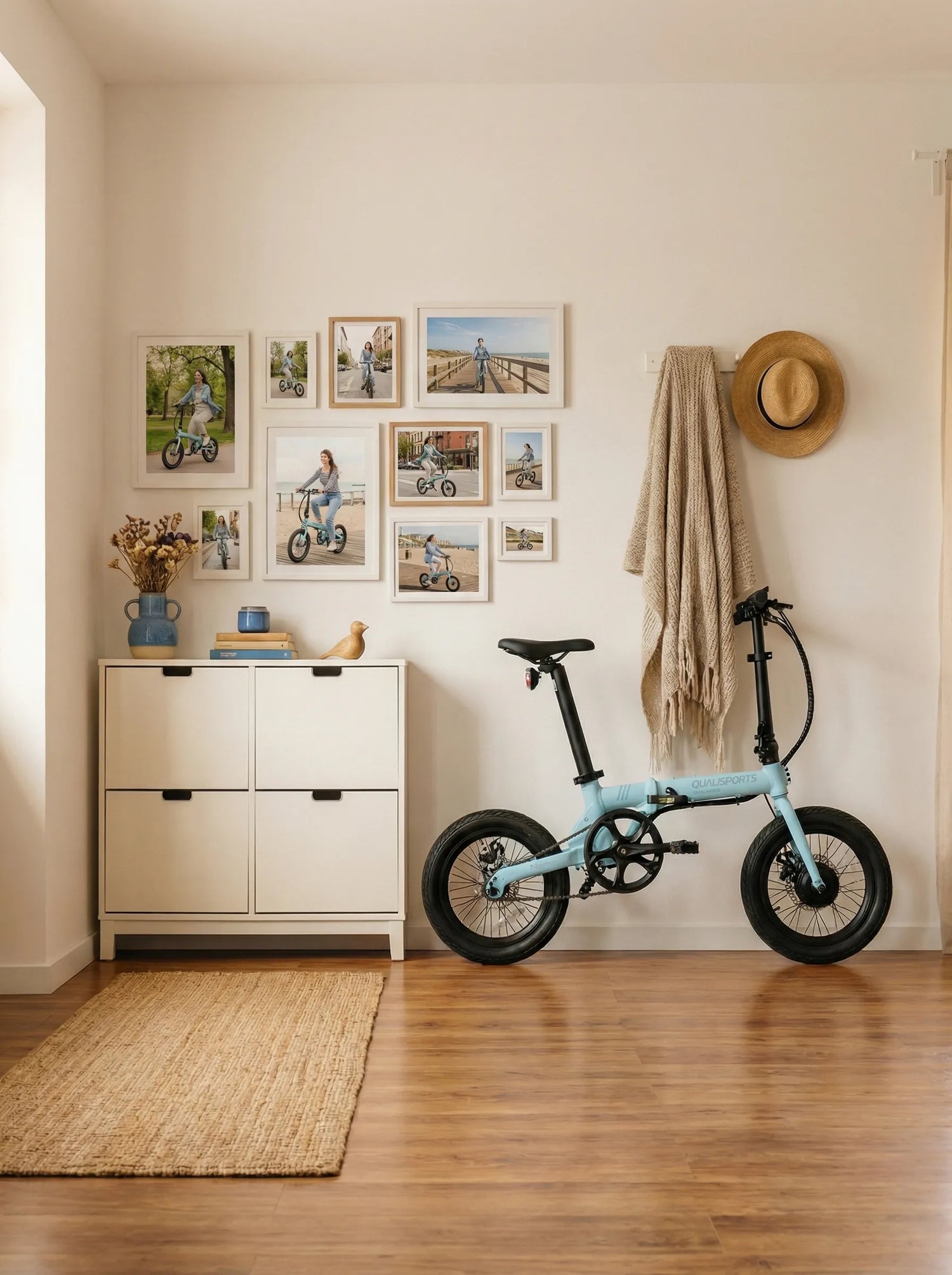 Blue Nemo compact folding electric bike in modern home interior, ultra portable e-bike for everyday lifestyle
