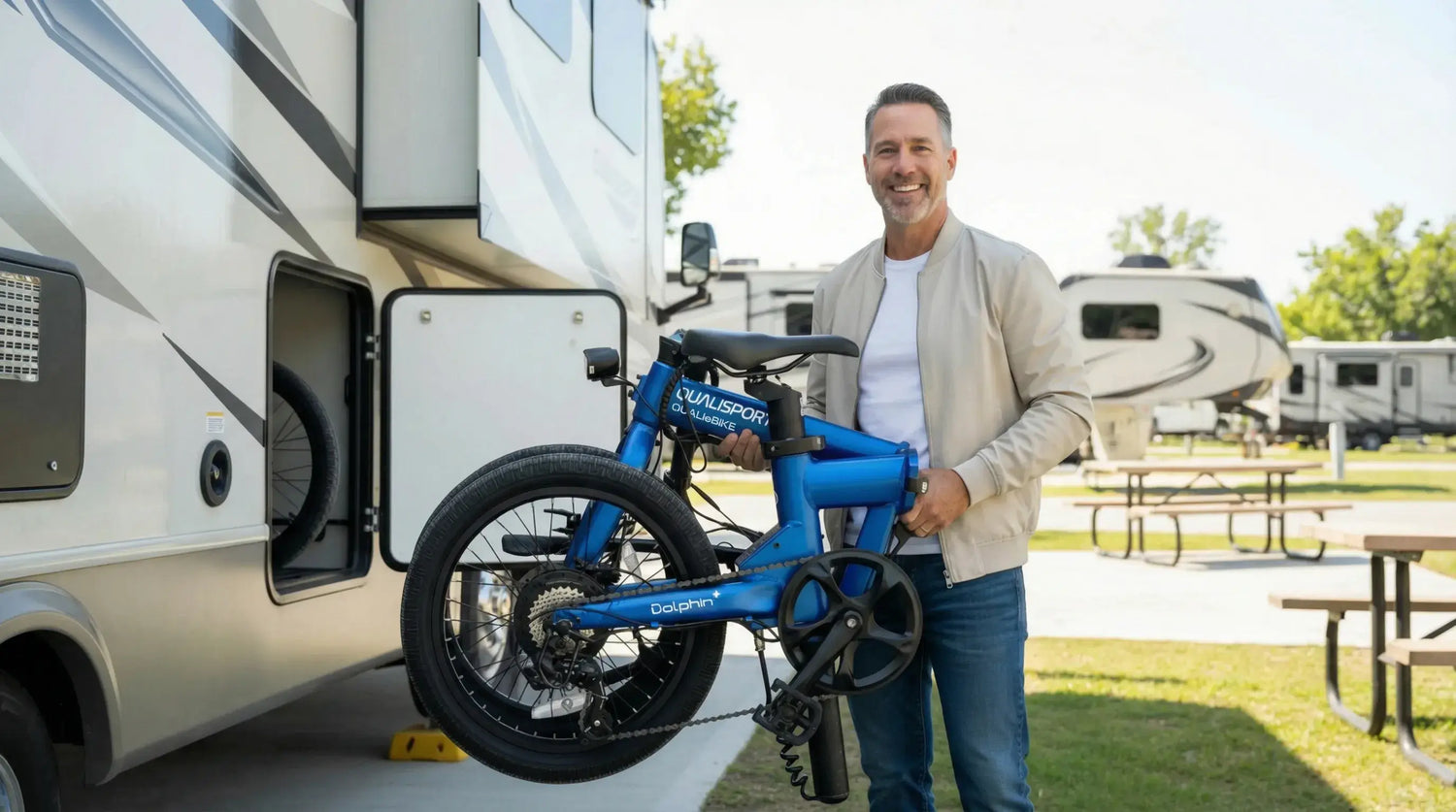 Man holding a folded blue portable electric bicycle next to an RV in a campground