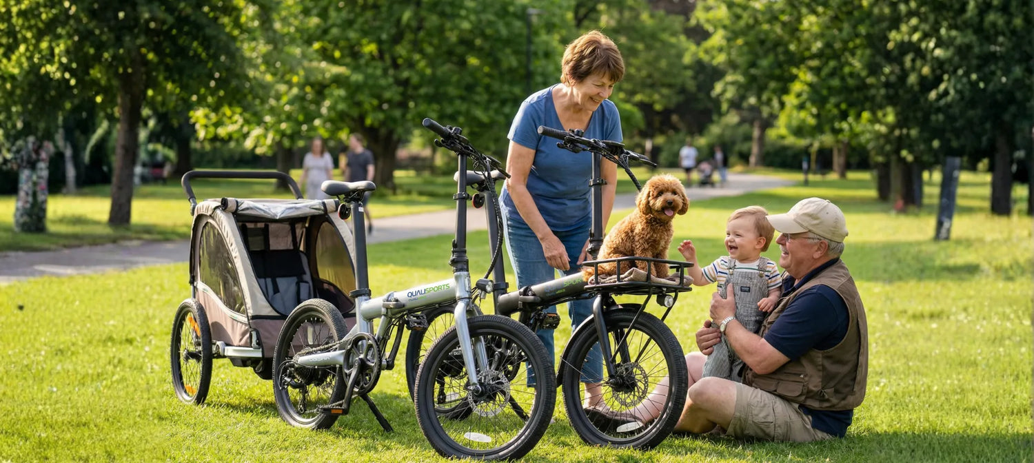 Family with a dog using an dual-battery electric bike and trailer in a park
