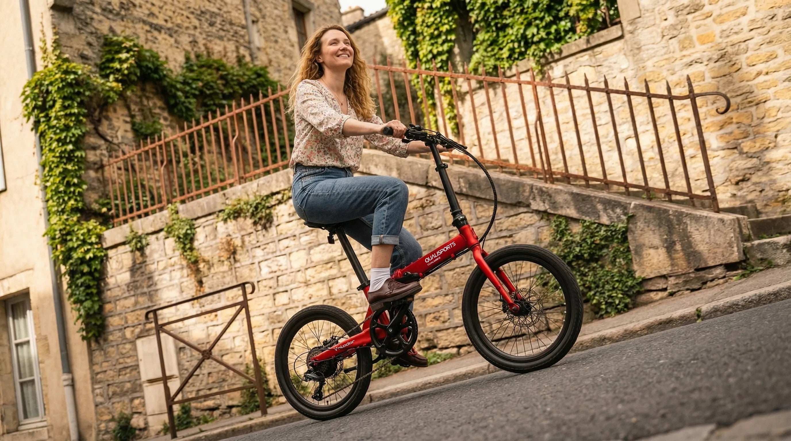 Woman riding a compact electric bike  on a street with stone buildings and greenery.
