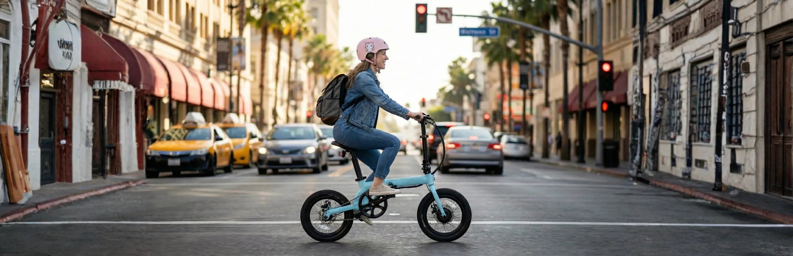 Person riding a portable electric bike on a city street with buildings and traffic lights in the background