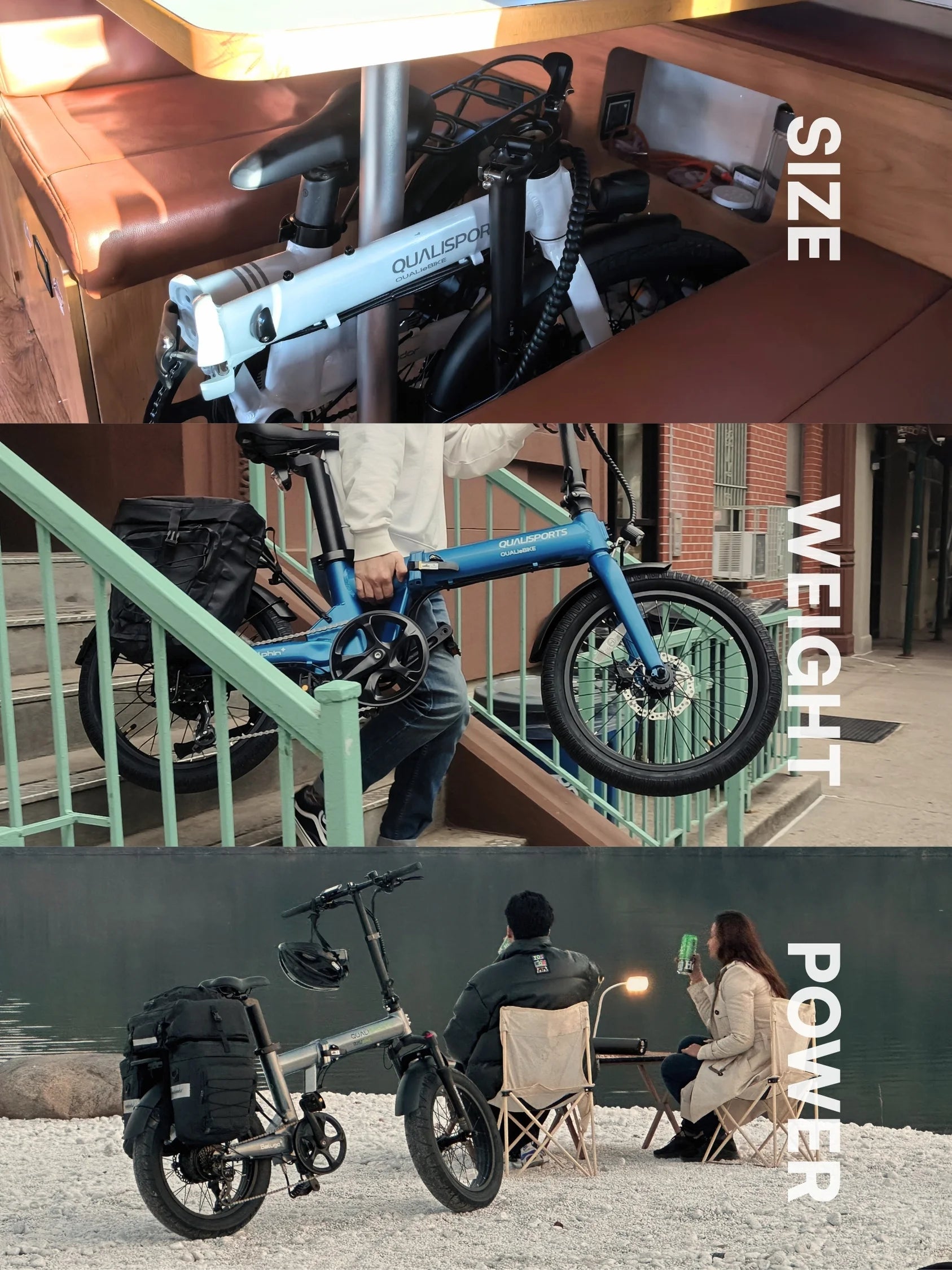Collage of qualisports  lightweigt electric bikes with text labels on size, weight, and power.