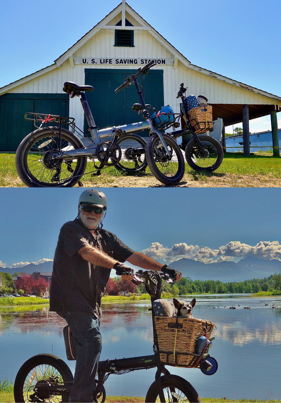 Elderly couple traveling with pets on qualisports dolphin folding e-bikes